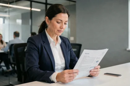 Femme cadre en entreprise relisant une note de service imprimée à son bureau dans un open space moderne