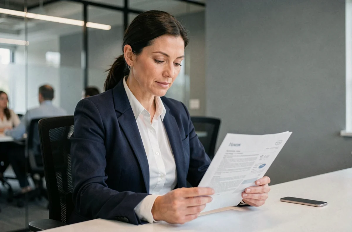Femme cadre en entreprise relisant une note de service imprimée à son bureau dans un open space moderne