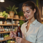 Femme examinant une bouteille de cidre artisanal en magasin