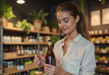 Femme examinant une bouteille de cidre artisanal en magasin