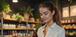 Femme examinant une bouteille de cidre artisanal en magasin