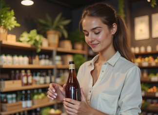 Marque éthique : cider, critères et évaluation éthique Femme examinant une bouteille de cidre artisanal en magasin