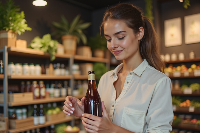 femme-cidre-artisanal-grocery Femme examinant une bouteille de cidre artisanal en magasin
