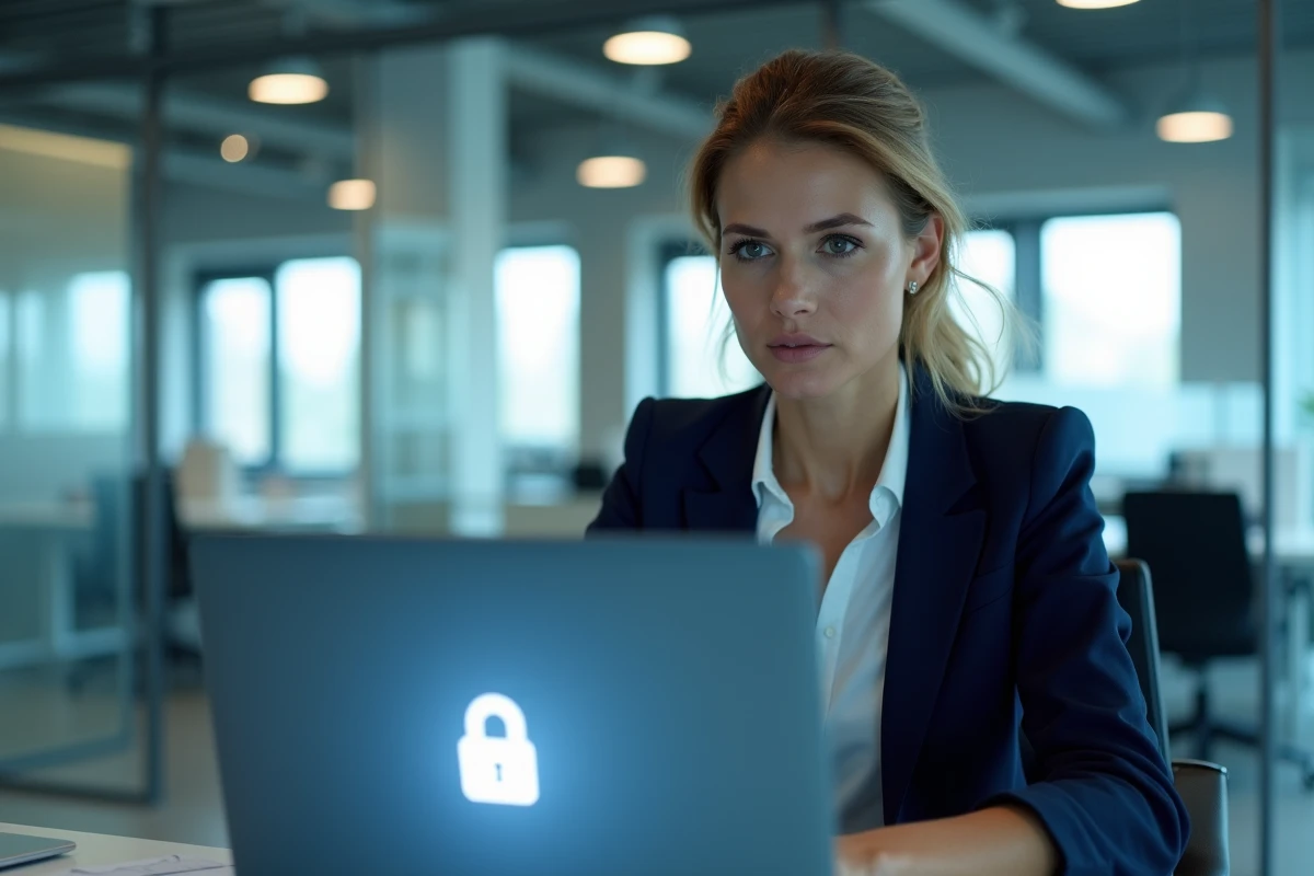 Femme professionnelle frustrée face à un problème de connexion sur un portail sécurisé en entreprise