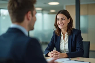 Femme en entretien avec un conseiller dans un bureau moderne