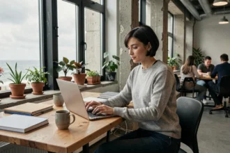 Femme travaillant dans un espace de coworking à Brest avec un ordinateur portable sur un bureau en bois
