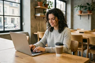 Femme travaillant dans un espace de coworking moderne à Grenoble, assise à un bureau en bois avec un ordinateur portable