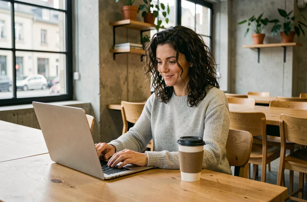 Femme travaillant dans un espace de coworking moderne à Grenoble, assise à un bureau en bois avec un ordinateur portable