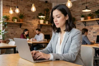Femme en espace de coworking moderne travaillant sur un ordinateur portable dans un bureau partagé