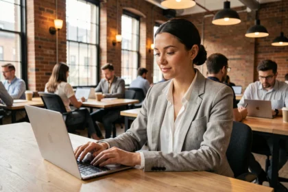 Femme travaillant dans un espace de coworking moderne à Draguignan avec bureau en bois partagé