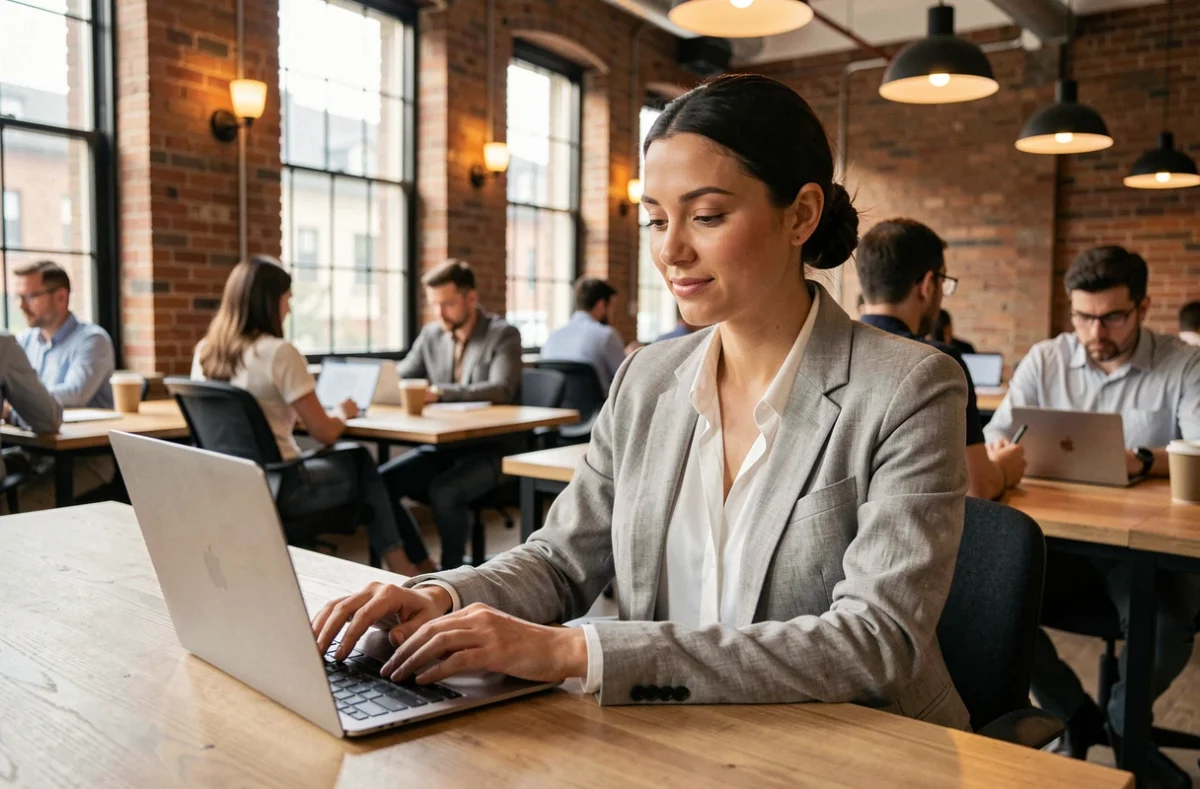 Femme travaillant dans un espace de coworking moderne à Draguignan avec bureau en bois partagé