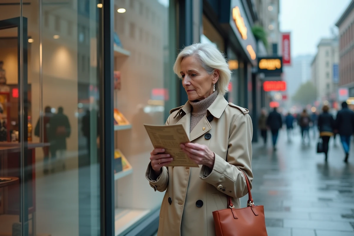 Une femme consulte un dépliant Shopping Pass devant une enseigne commerciale pour savoir si ses chèques sont acceptés