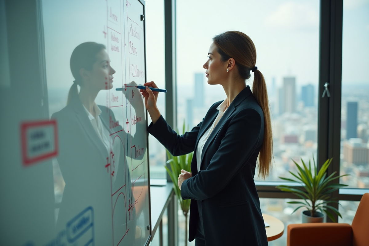 Femme entrepreneure dessinant des stratégies devant une fenêtre urbaine
