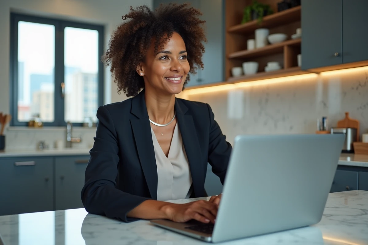 Femme cadre participant à un entretien d'embauche en visioconférence depuis son domicile pour un emploi en ligne rémunérateur