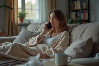 Femme en pyjama sur son canapé qui appelle son employeur avec une expression hésitante pour justifier son absence au travail