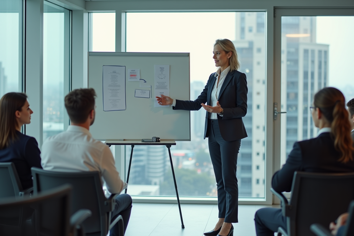 Femme cadre en formation dans une salle lumineuse