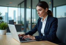 Investir dans le CAC 40 : pourquoi et comment le faire efficacement ? Femme professionnelle en bureau avec graphiques financiers