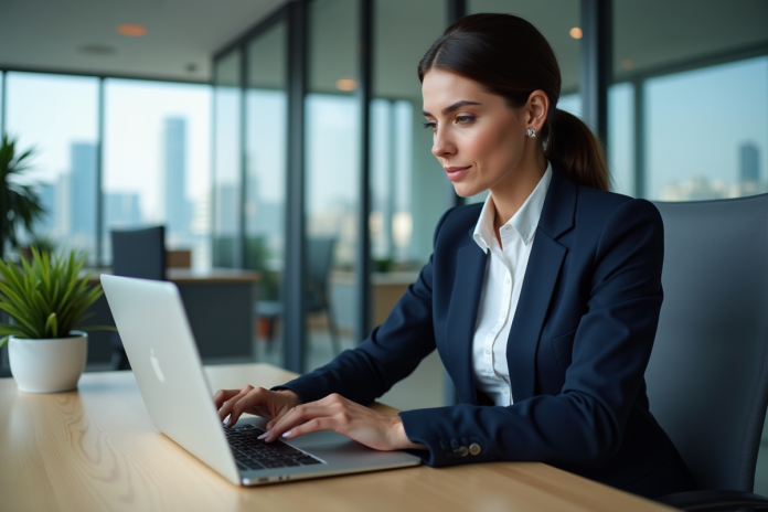 femme-finance-bureau Femme professionnelle en bureau avec graphiques financiers