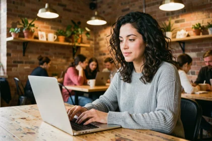 Femme indépendante travaillant sur son ordinateur portable dans un espace de coworking chaleureux avec murs en briques apparentes