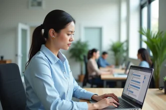 Femme professionnelle utilisant un live chat sur son ordinateur portable dans un bureau moderne