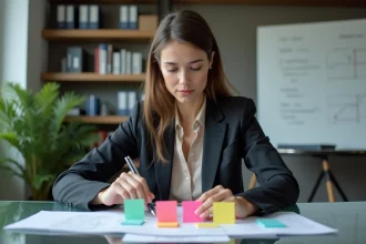 Femme professionnelle arrangeant des notes colorées en marketing