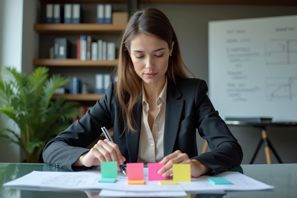 Femme professionnelle arrangeant des notes colorées en marketing