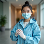 Jeune femme en imper bleu mettant des gants dans un bureau