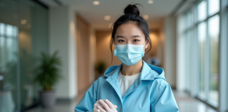 Jeune femme en imper bleu mettant des gants dans un bureau
