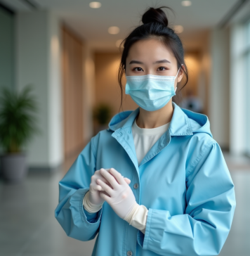 Technique d’action préventive : bien se protéger efficacement Jeune femme en imper bleu mettant des gants dans un bureau
