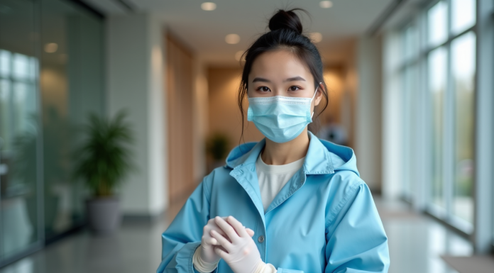 Jeune femme en imper bleu mettant des gants dans un bureau