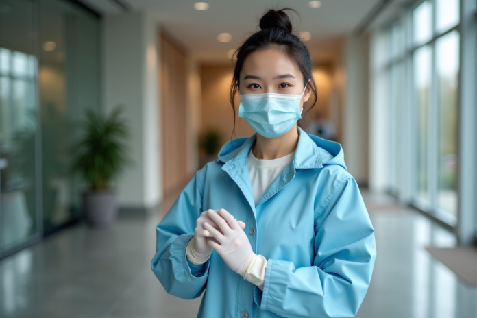 femme-masque-gants-bureau Jeune femme en imper bleu mettant des gants dans un bureau