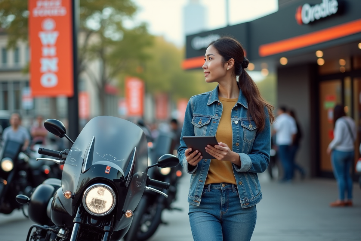 Jeune femme regarde une vitrine de motos en dehors du concessionnaire