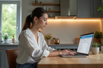 Jeune femme utilisant son ordinateur dans une cuisine moderne