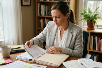 Femme organisée triant des offres d'emploi imprimées sur un bureau en bois à domicile, entourée de notes et de dossiers étiquetés