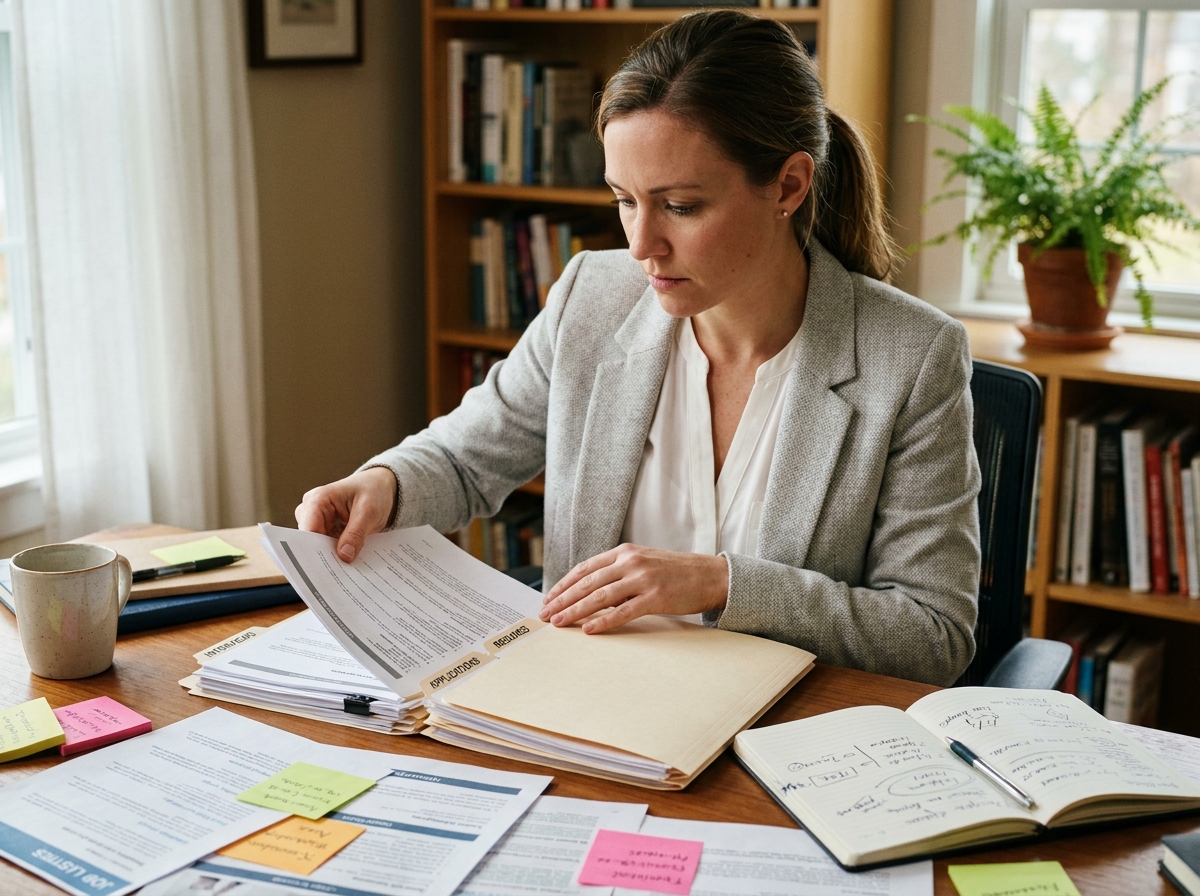 Femme organisée triant des offres d'emploi imprimées sur un bureau en bois à domicile, entourée de notes et de dossiers étiquetés