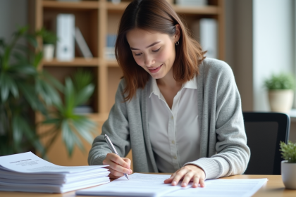 Jeune femme organisant des documents au bureau