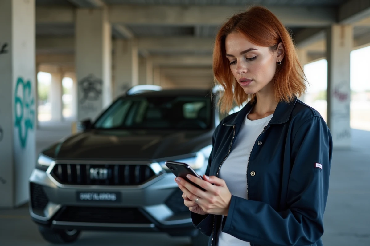 Femme passionnée d'auto consultant une référence wiki Stellantis sur smartphone dans un parking urbain