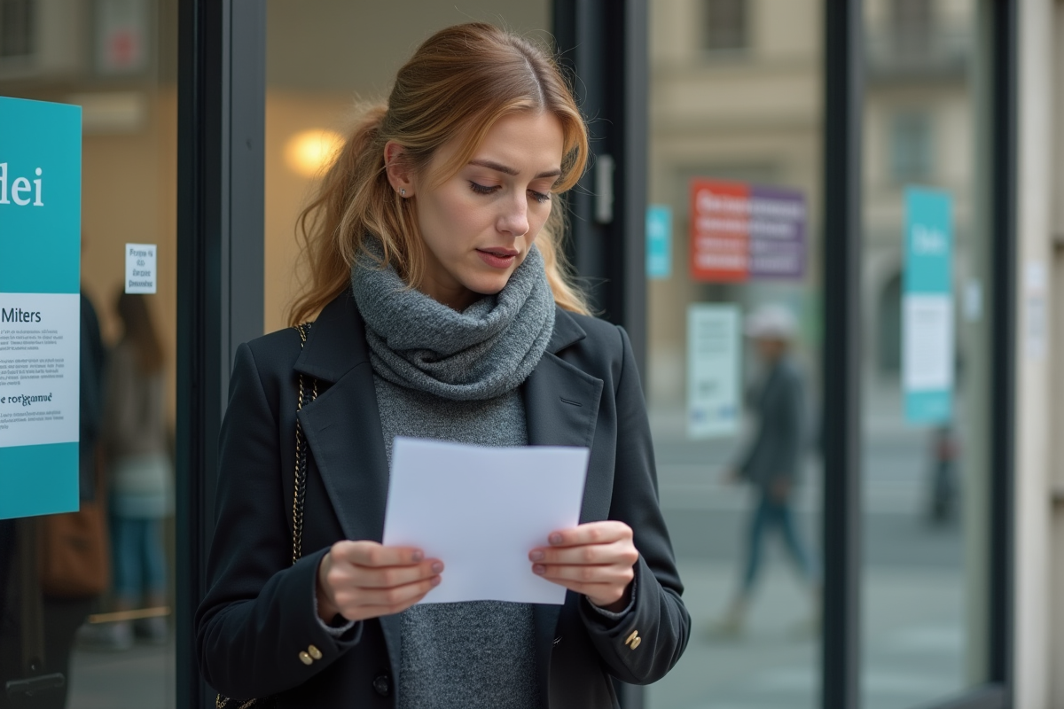Femme française lisant une lettre devant un bureau emploi