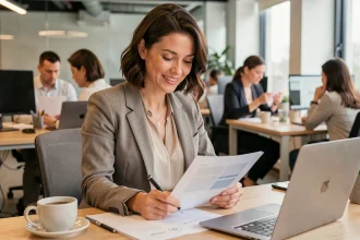 Femme cadre intermédiaire consultant des documents dans un bureau moderne, illustrant la catégorie des professions intermédiaires