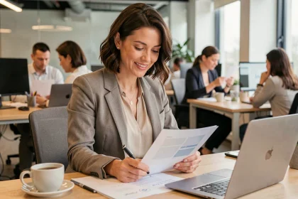 Femme cadre intermédiaire consultant des documents dans un bureau moderne, illustrant la catégorie des professions intermédiaires