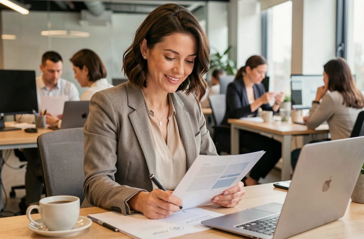 Femme cadre intermédiaire consultant des documents dans un bureau moderne, illustrant la catégorie des professions intermédiaires