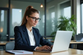 Femme en blazer navy travaillant sur son ordinateur dans un espace coworking
