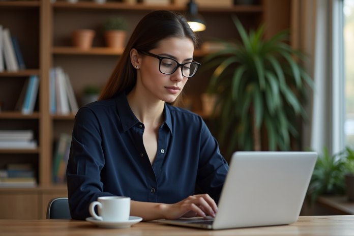 femme-professionnelle-bureau-maison Jeune femme professionnelle travaillant à domicile sur son ordinateur