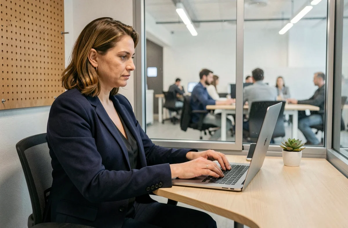 Femme professionnelle concentrée dans un espace de travail privatif au sein d'un coworking à Villeneuve-d'Ascq