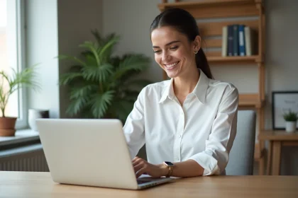 Femme professionnelle travaillant sur un ordinateur portable dans un bureau à domicile moderne pour trouver un emploi en ligne bien rémunéré