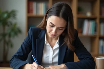Femme rédigeant une lettre de motivation manuscrite à son bureau, concentrée sur l'écriture avec un stylo bille