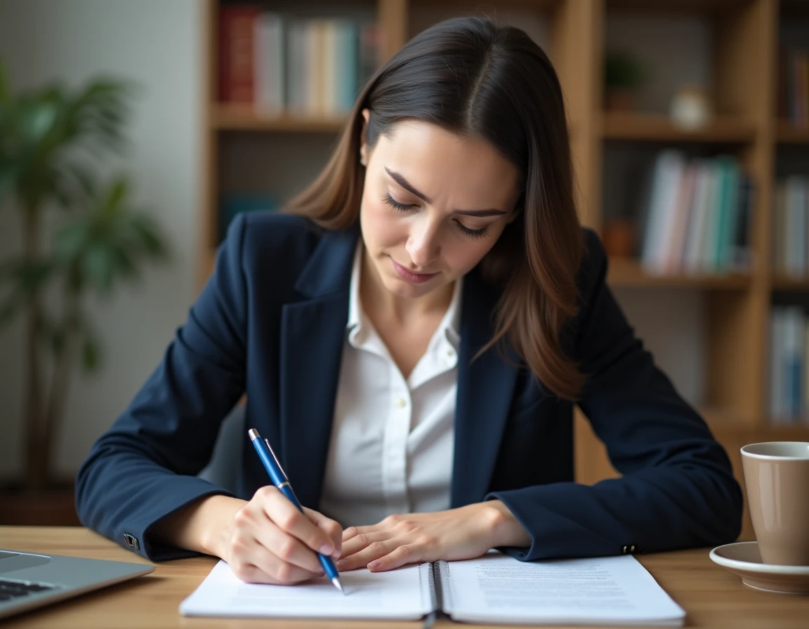 Femme rédigeant une lettre de motivation manuscrite à son bureau, concentrée sur l'écriture avec un stylo bille