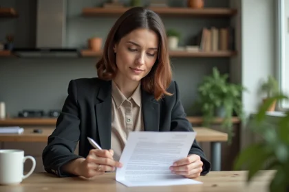 Femme en blazer relisant une lettre de demission &agrave; la maison