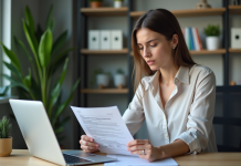 Femme en bureau examine une lettre de démission