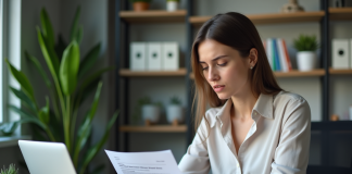 Femme en bureau examine une lettre de démission